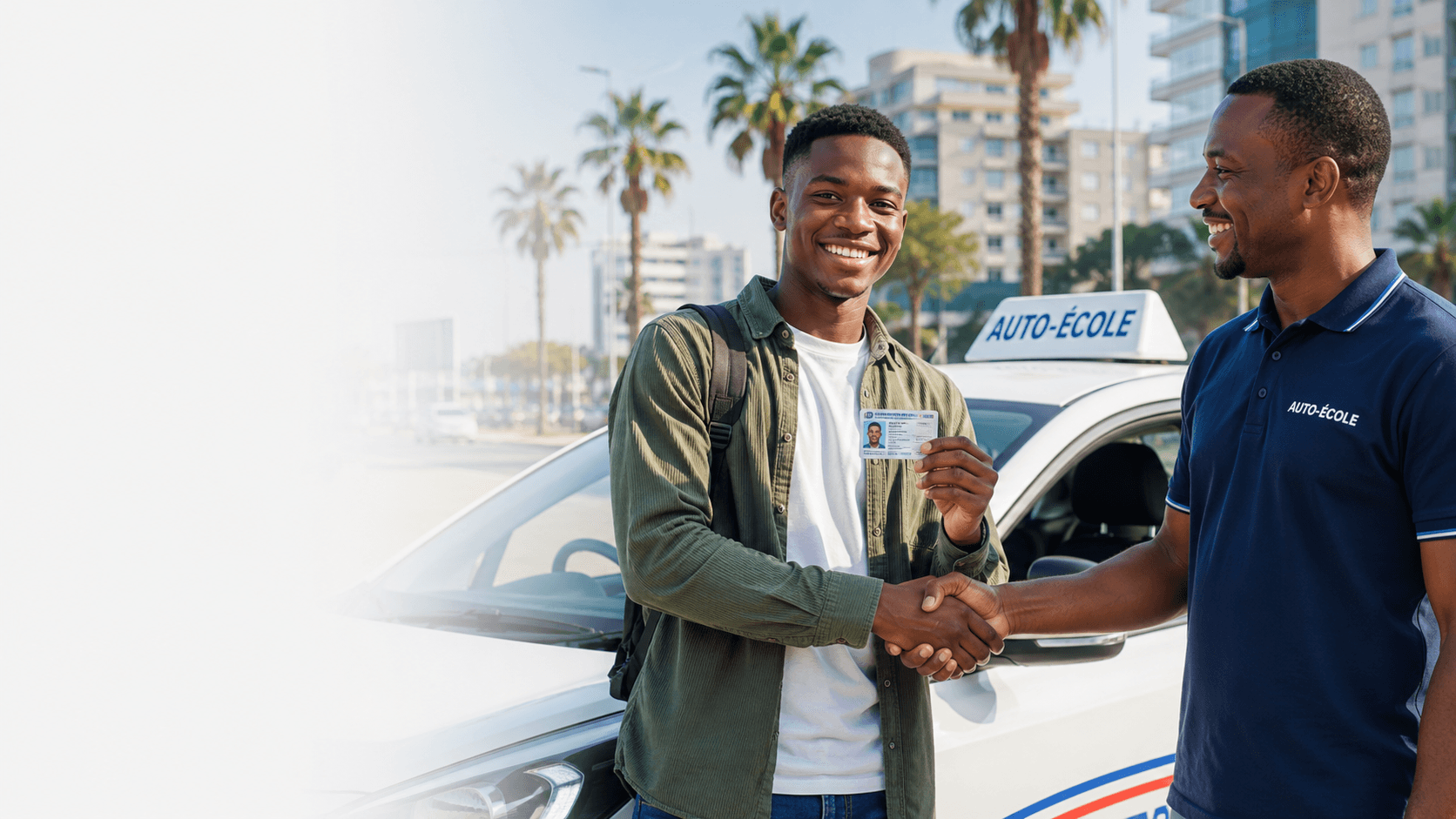 Un élève sénégalais reçoit son permis des mains de son moniteur, devant le véhicule de l'auto-école